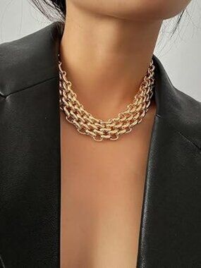 Layered Chain Necklace Gold Tone Chunky Cuban Statement Jewelry